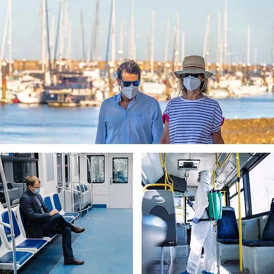 Above: a couple walking in a marina in Punta Umbría, Huelva ©Agsaz. Below: safety measures on public transport