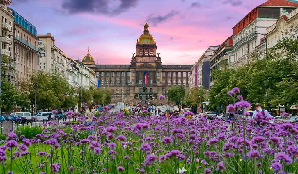 Buildings and houses in the historical center of Prague. Wenceslas Square and the National Museum of the Neorenaissance in Prague, Europe