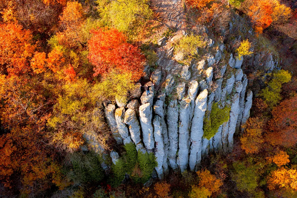 Saint Gerorge Hill in Hungary badacsony region. Amazing vulcanic mountain where giant basalt columns located. Beautiful autumn colorful photo. Perfedct place fo