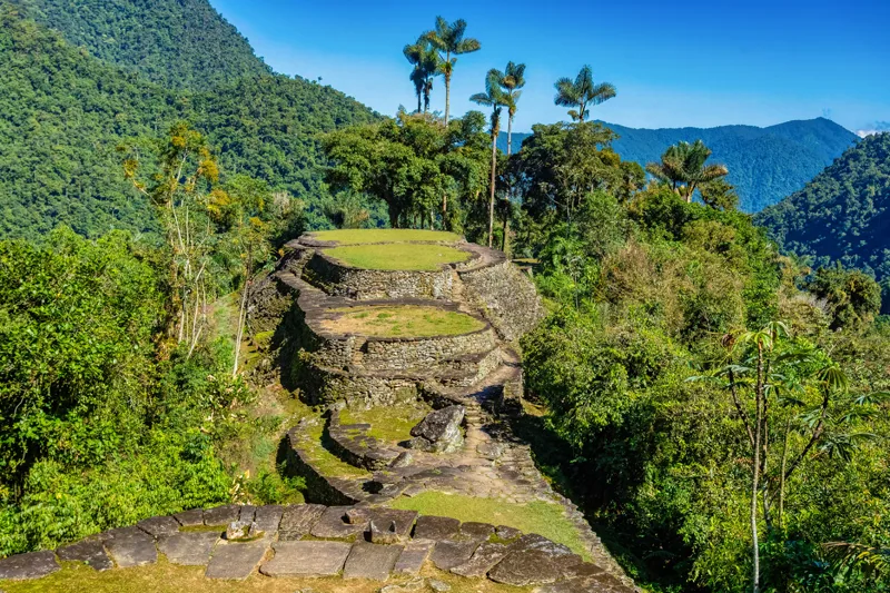 Hidden ancient ruins of Tayrona civilization Ciudad Perdida in the heart of the Colombian jungle Lost city of Teyuna. Santa Marta, Sierra Nevada mountains, Colo