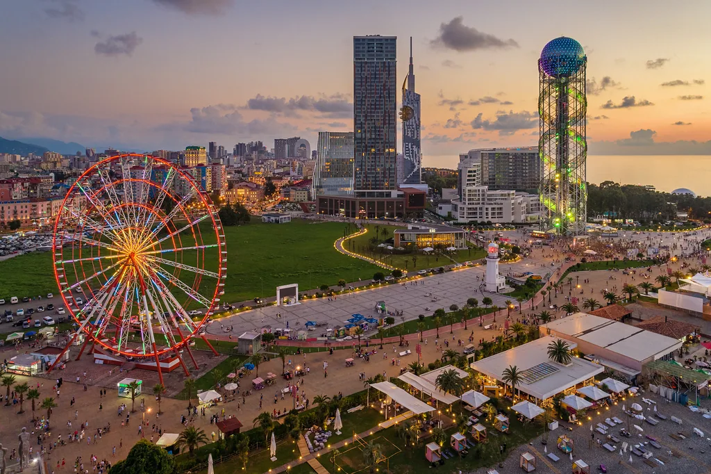 Aerial view of Batumi, Georgia. The Ferris Wheel and the Alphabet Tower are in the foreground.