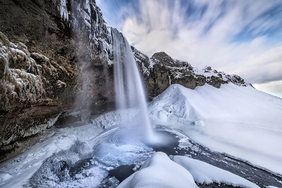 Famous Seljalandsfoss waterfaal on Iceland during winter