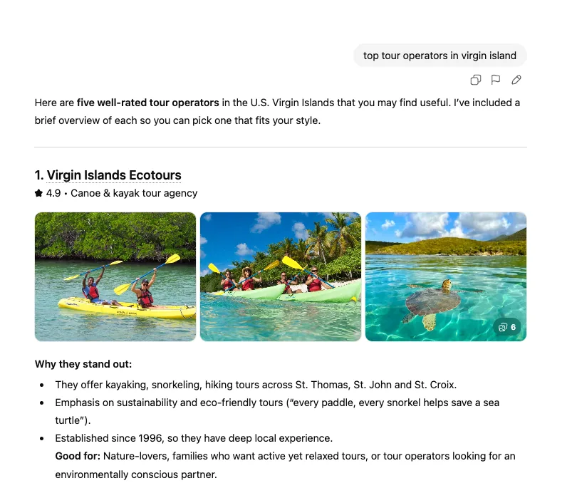 A webpage showing tour operator information in Virgin Islands. Canoe and kayak tours shown with photos.