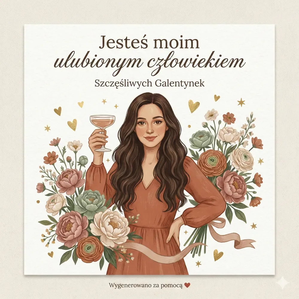 Przykładowa kartka na Galentynki wygenerowana przez Gemini, przedstawiająca ilustrację kobiety wznoszącej toast w otoczeniu kwiatów z napisem „Jesteś moim ulubi