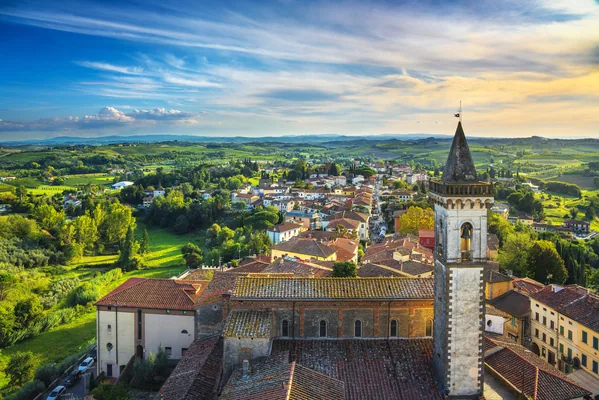 Vinci village, Leonardo's birthplace, aerial view and bell tower of the church. Florence, Tuscany Italy Europe
