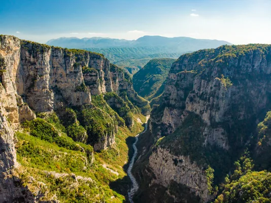 Aerial view of Vikos Gorge, a gorge in the Pindus Mountains of northern Greece, lying on the southern slopes of Mount Tymfi, one of the deepest gorges in the wo