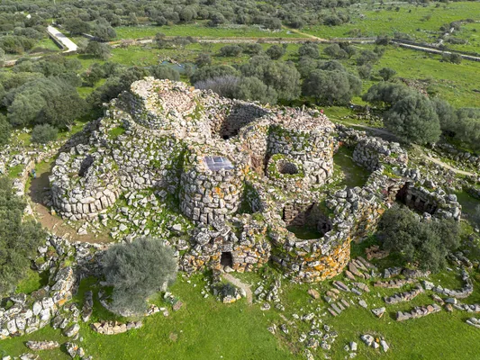 Aerial view with drone of the Nuragic archaeological complex of Nuraghe Arrubiu, Orroli. Monument with 5 towers. Orroli, Sardinia, Italy
