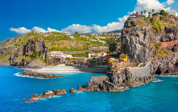 Aerial view of Madeira island. Land meets ocean in Ponta do Sol, Madeira, Portugal
