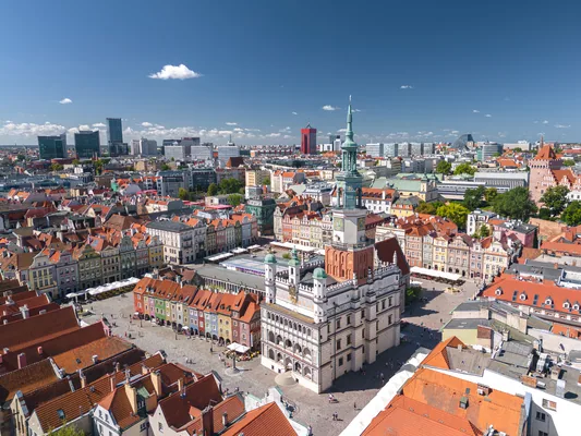 Summer skyline cityscape of Poznań, Poland. Aerial view of Poznan Old Town market square (Rynek) and Town Hall (Ratusz)